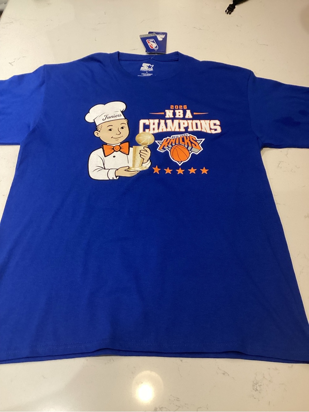 STARTER Royal Blue Knicks Champions Graphic Tee with Orange Accents